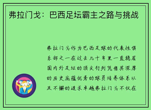 弗拉门戈：巴西足坛霸主之路与挑战