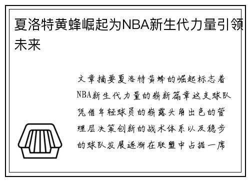 夏洛特黄蜂崛起为NBA新生代力量引领未来